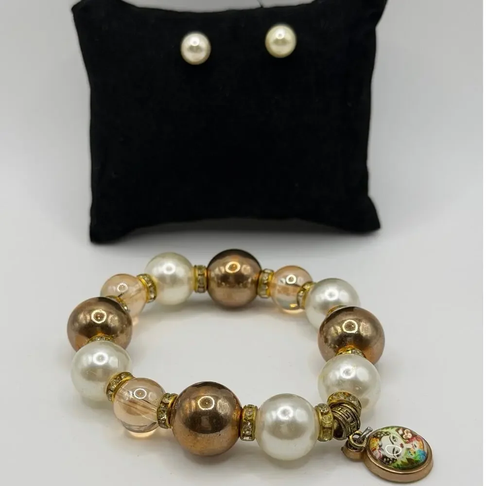 ♠️ Alice Charm Bracelet + Pearl Stud Set